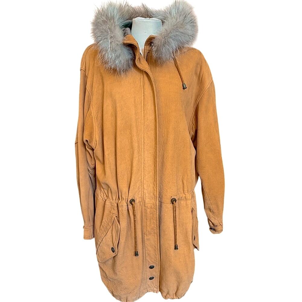 VTG La Nouvelle Renaissance Leather Jacket M Camel Tan Fur Trim Hood Boho Parka